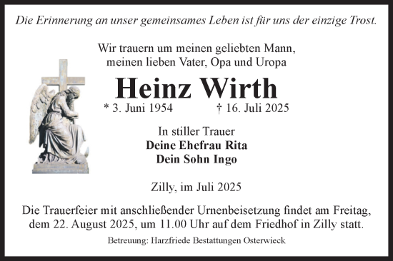 Traueranzeige von Heinz Wirth von Volksstimme Halberstadt