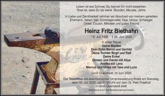 Traueranzeige von Heinz Fritz Biethahn von Volksstimme Halberstadt