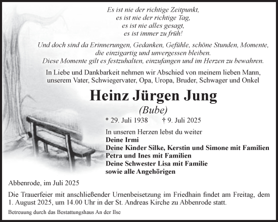 Traueranzeige von Heinz Jürgen Jung von Volksstimme Wernigerode