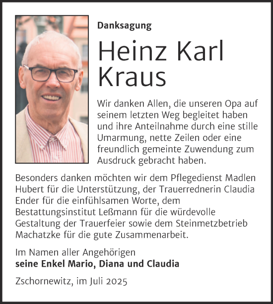 Traueranzeige von Heinz Karl Kraus von Trauerkombi Wittenberg