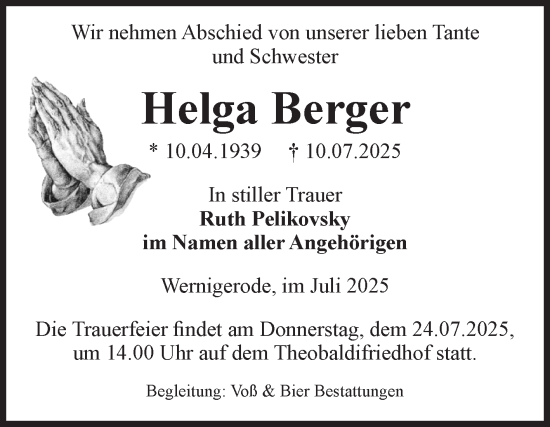 Traueranzeige von Helga Berger von Volksstimme Wernigerode