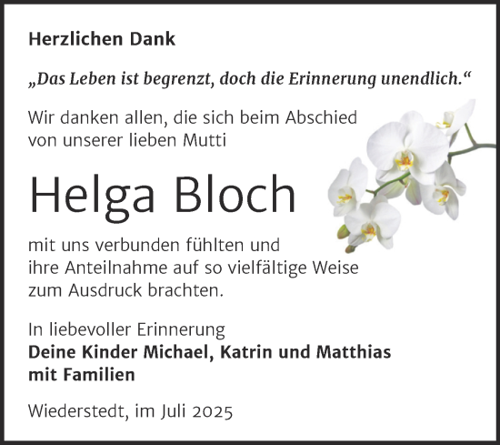 Traueranzeige von Helga Bloch von Trauerkombi Mansfelder Land