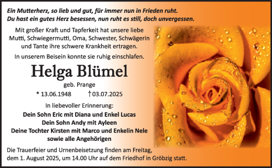 Traueranzeige von Helga Blümel von Trauerkombi Köthen