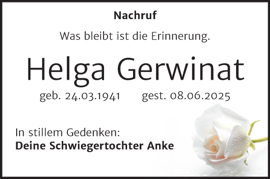 Traueranzeige von Helga Gerwinat von Trauerkombi Weißenfels