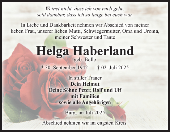 Traueranzeige von Helga Haberland von Volksstimme Burg/Genthin
