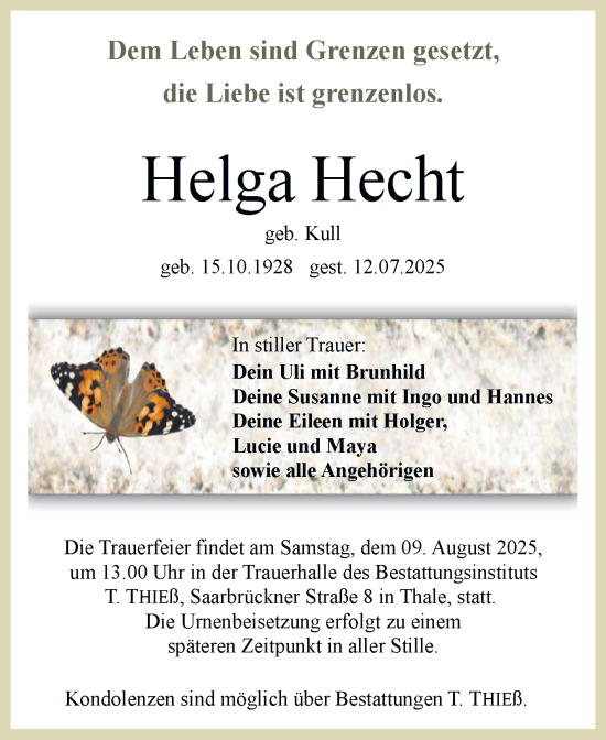 Traueranzeige von Helga Hecht von Trauerkombi Quedlinburg