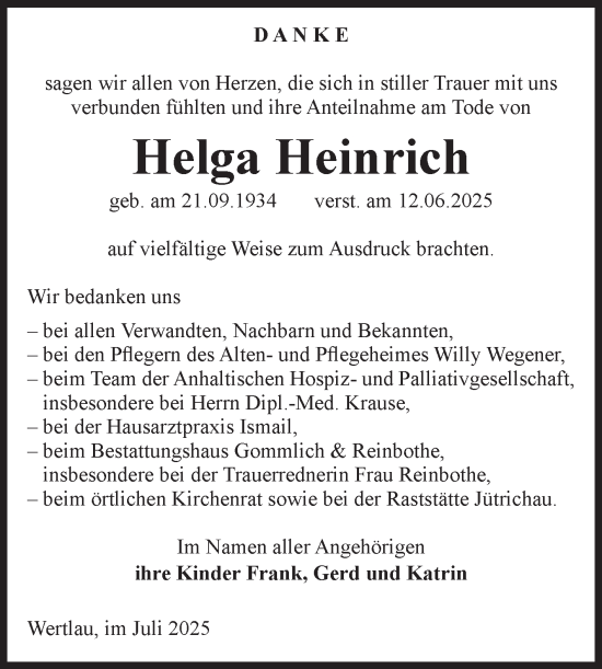 Traueranzeige von Helga Heinrich von Volksstimme Zerbst