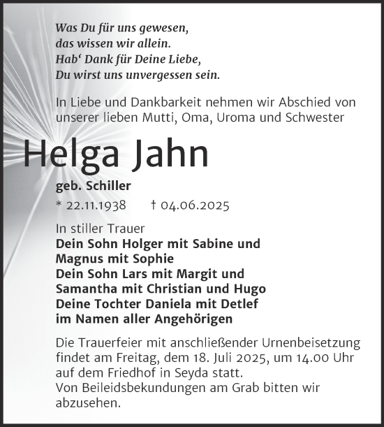 Traueranzeige von Helga Jahn von Super Sonntag Wittenberg