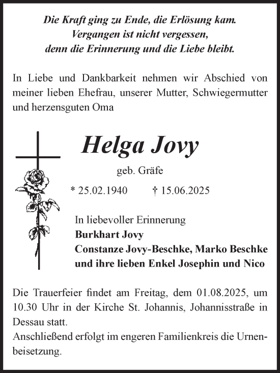 Traueranzeige von Helga Jovy von Mitteldeutsche Zeitung Dessau-Roßlau