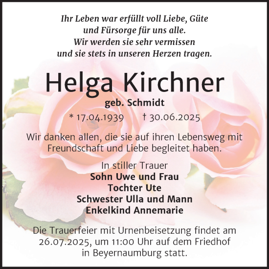 Traueranzeige von Helga Kirchner von Trauerkombi Sangerhausen