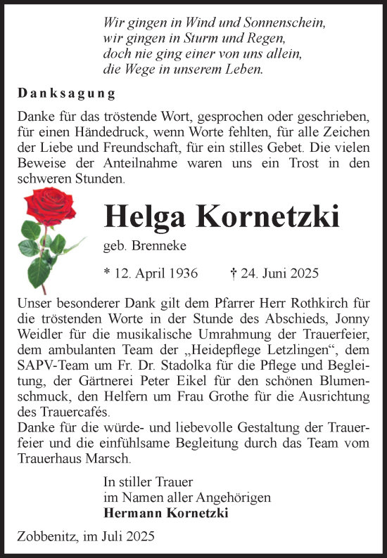Traueranzeige von Helga Kornetzki von Volksstimme Haldensleben/Wolmirstedt