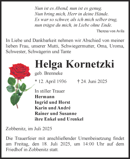 Traueranzeige von Helga Kornetzki von Volksstimme Haldensleben/Wolmirstedt