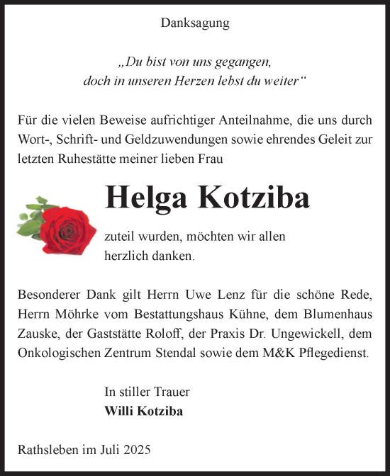 Traueranzeige von Helga Kotziba von Volksstimme Altmark Ost