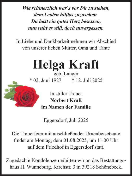 Traueranzeige von Helga Kraft von Volksstimme Schönebeck