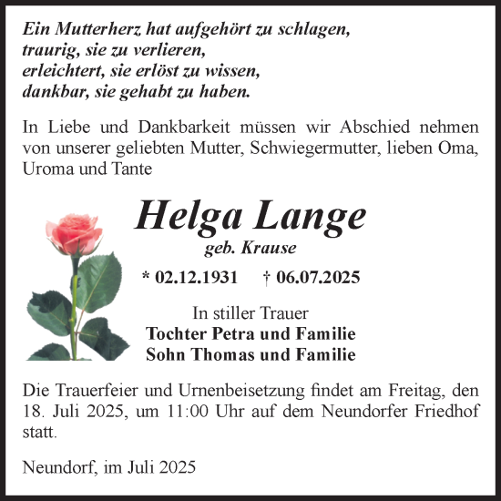 Traueranzeige von Helga Lange von Volksstimme Staßfurt