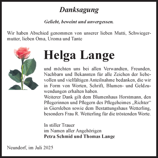 Traueranzeige von Helga Lange von Volksstimme Staßfurt