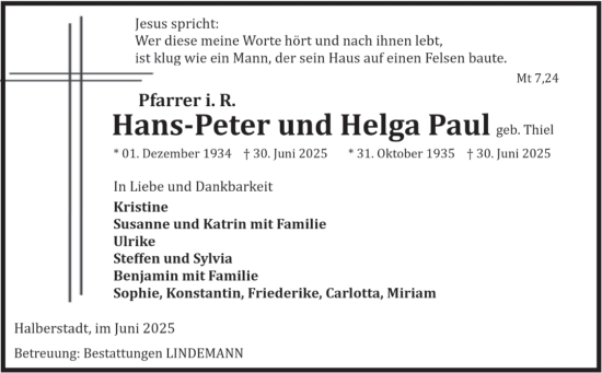 Traueranzeige von Helga Paul von Volksstimme Halberstadt