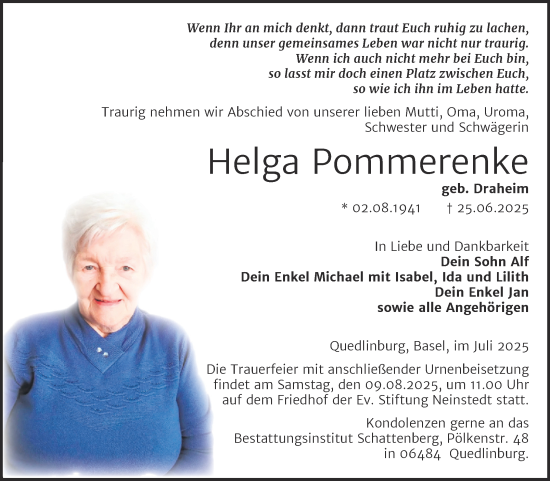 Traueranzeige von Helga Pommerenke von Trauerkombi Quedlinburg