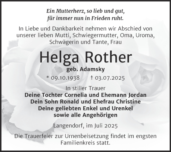 Traueranzeige von Helga Rother von Trauerkombi Weißenfels