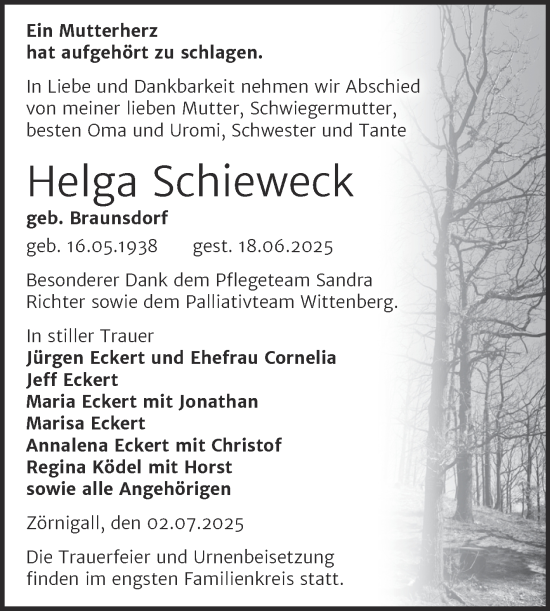 Traueranzeige von Helga Schieweck von Trauerkombi Wittenberg