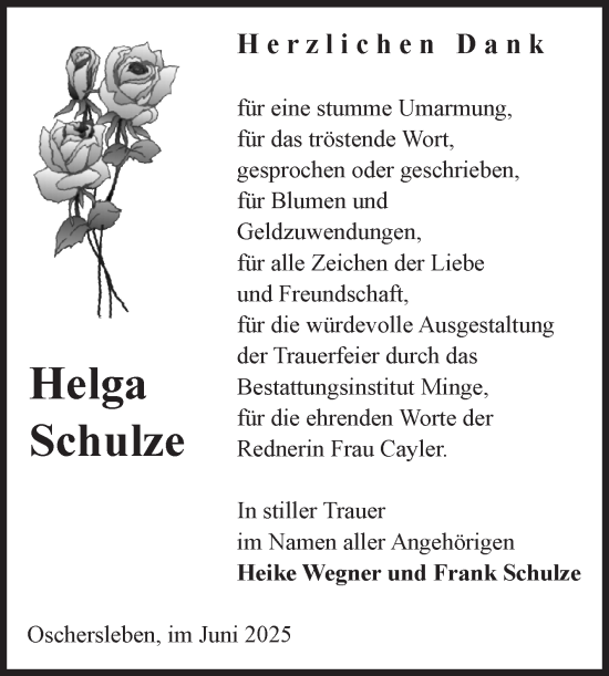 Traueranzeige von Helga Schulze von Volksstimme Oschersleben/Wanzleben