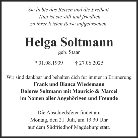 Traueranzeige von Helga Soltmann von Volksstimme Magdeburg