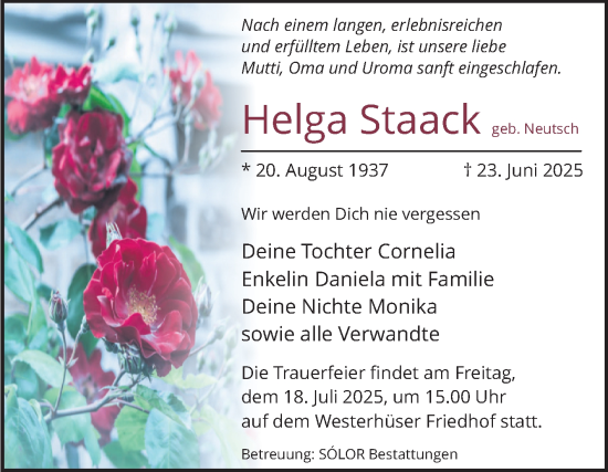 Traueranzeige von Helga Staack von Volksstimme Magdeburg