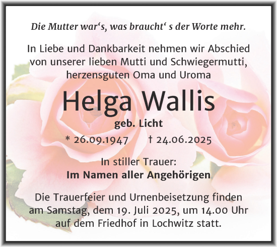 Traueranzeige von Helga Wallis von Trauerkombi Mansfelder Land