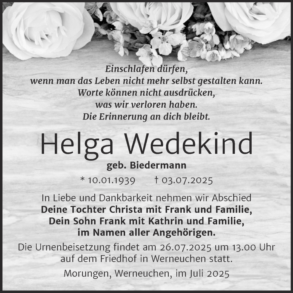  Traueranzeige für Helga Wedekind vom 26.07.2025 aus Trauerkombi Sangerhausen