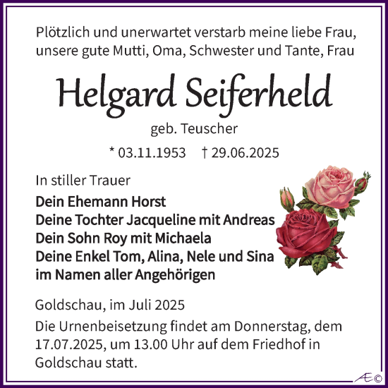 Traueranzeige von Helgard Seiferheld von Trauerkombi Zeitz