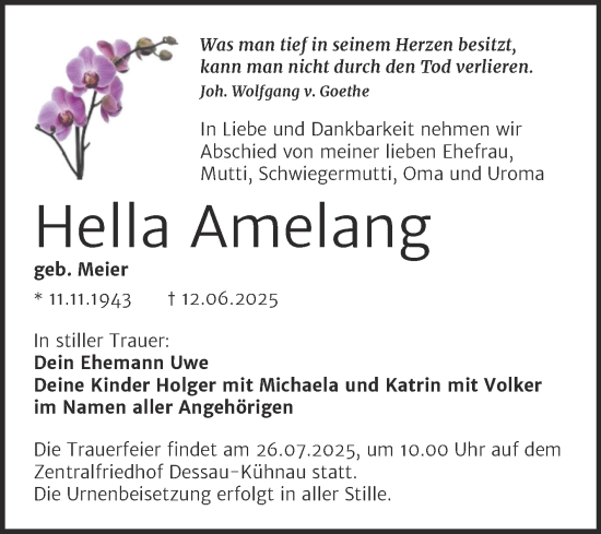 Traueranzeige von Hella Amelang von Trauerkombi Dessau