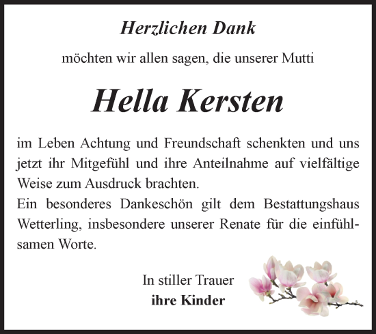 Traueranzeige von Hella Kersten von Volksstimme Staßfurt