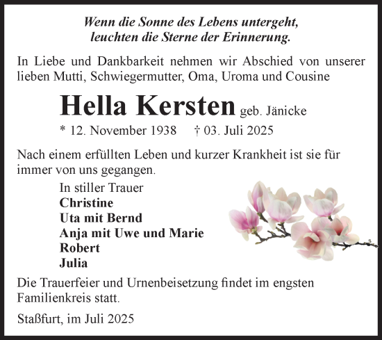 Traueranzeige von Hella Kersten von Volksstimme Staßfurt