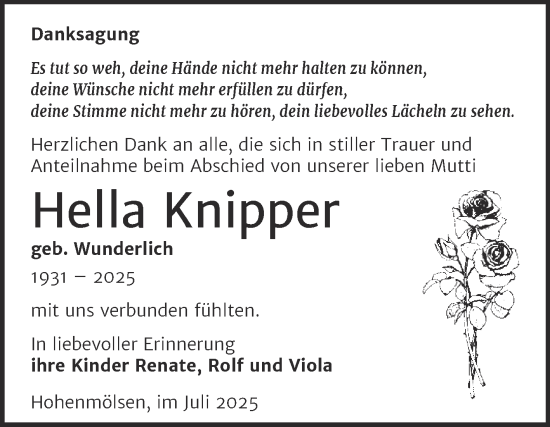 Traueranzeige von Hella Knipper von Trauerkombi Weißenfels