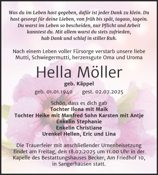 Traueranzeige von Hella Möller von Trauerkombi Sangerhausen