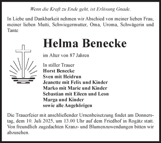 Traueranzeige von Helma Benecke von Volksstimme Altmark Ost