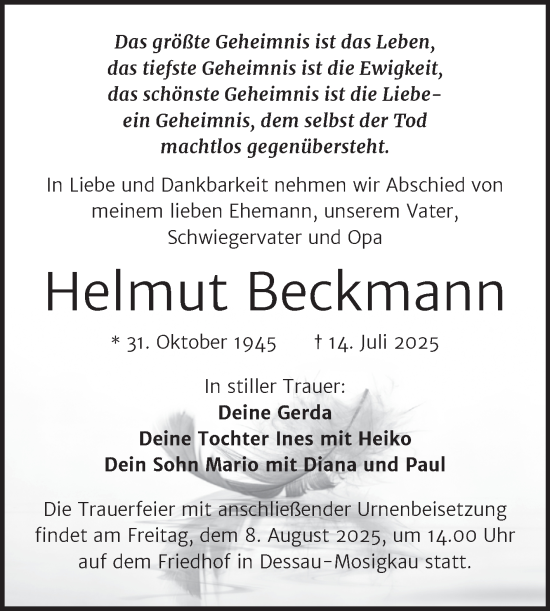 Traueranzeige von Helmut Beckmann von Trauerkombi Dessau
