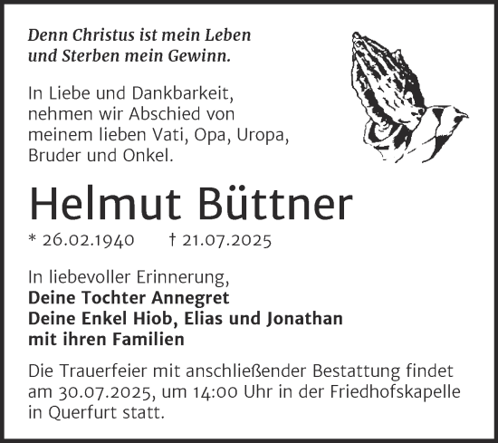 Traueranzeige von Helmut Büttner von Trauerkombi Merseburg