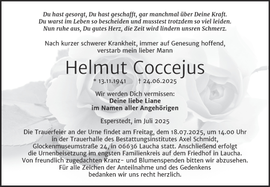 Traueranzeige von Helmut Coccejus von Super Sonntag Naumburg/Nebra