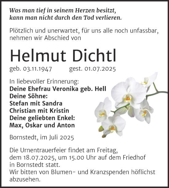 Traueranzeige von Helmut Dichtl von Trauerkombi Mansfelder Land