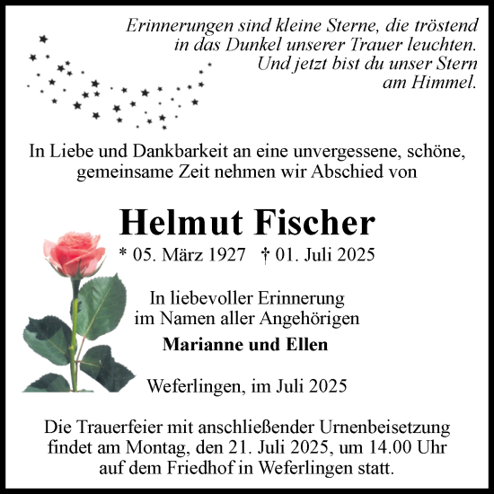 Traueranzeige von Helmut Fischer von Volksstimme Haldensleben/Wolmirstedt