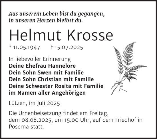 Traueranzeige von Helmut Krosse von Trauerkombi Weißenfels