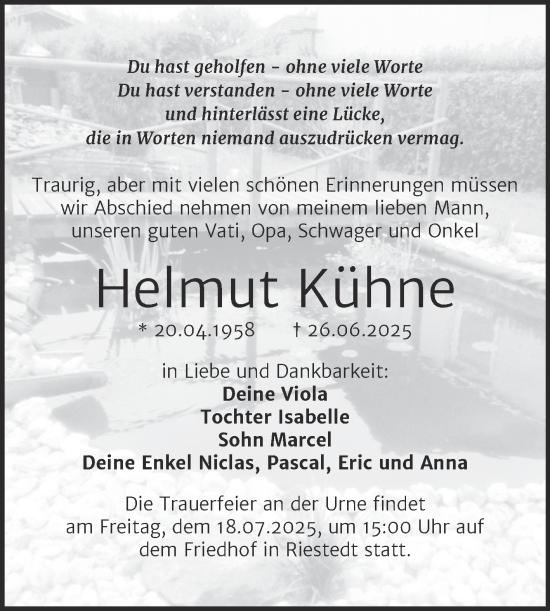 Traueranzeige von Helmut Kühne von Trauerkombi Sangerhausen
