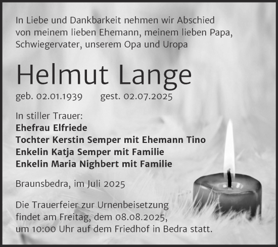 Traueranzeige von Helmut Lange von Trauerkombi Merseburg