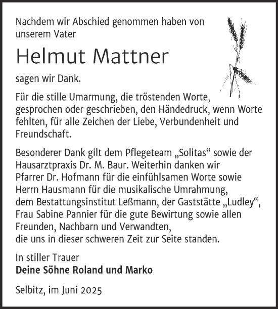 Traueranzeige von Helmut Mattner von Trauerkombi Wittenberg