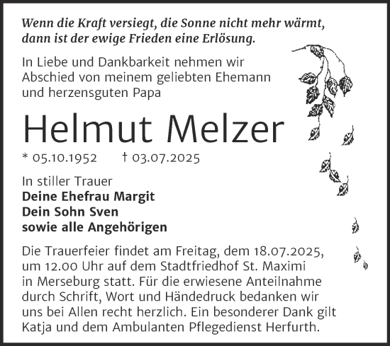 Traueranzeige von Helmut Melzer von Trauerkombi Merseburg