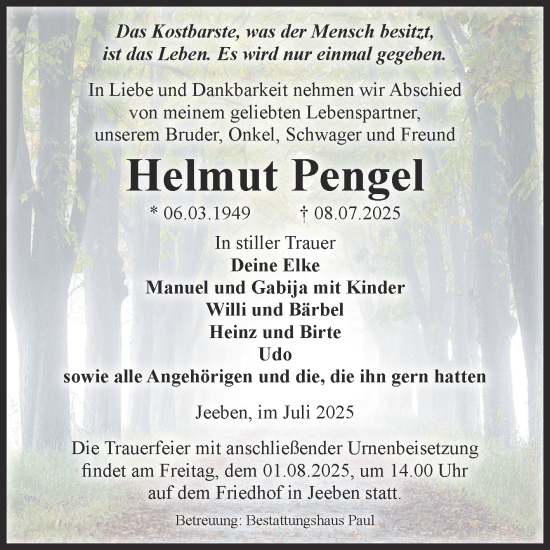 Traueranzeige von Helmut Pengel von Volksstimme Altmark West