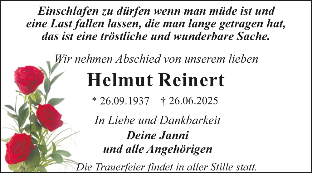  Traueranzeige für Helmut Reinert vom 05.07.2025 aus Trauerkombi Dessau