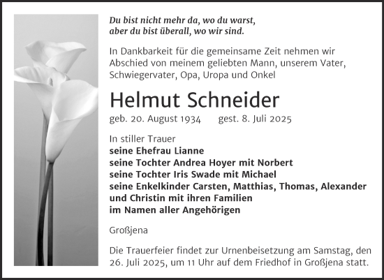 Traueranzeige von Helmut Schneider von Naumburger Tageblatt