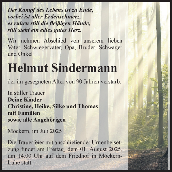 Traueranzeige von Helmut Sindermann von Volksstimme Burg/Genthin